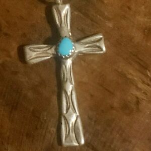 Silver Cross Pendant with Turquoise Accent